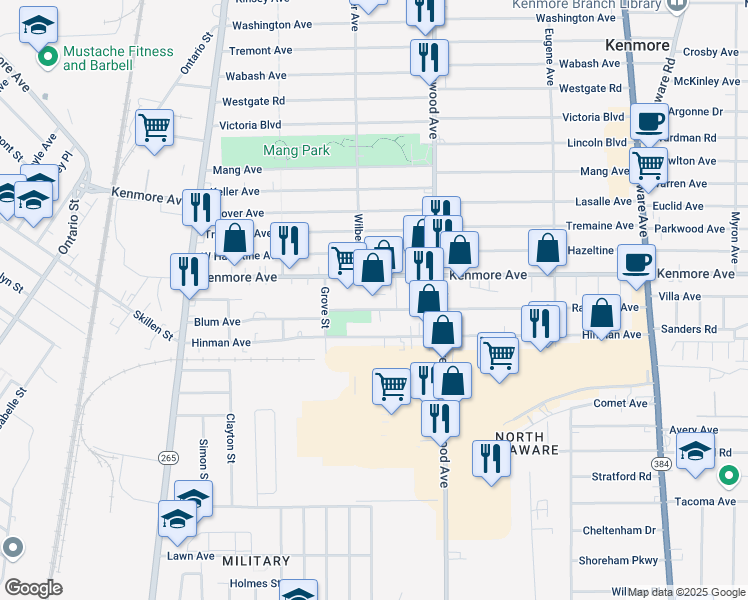 map of restaurants, bars, coffee shops, grocery stores, and more near 1722 Kenmore Avenue in Buffalo