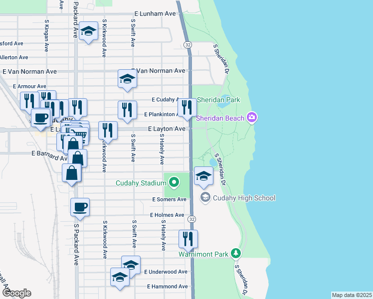 map of restaurants, bars, coffee shops, grocery stores, and more near 4757 South Lake Drive in Cudahy