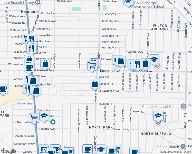 map of restaurants, bars, coffee shops, grocery stores, and more near Colvin Ave & Villa Ave in Buffalo