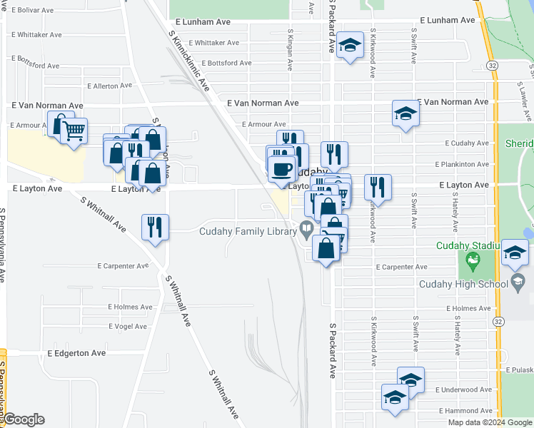 map of restaurants, bars, coffee shops, grocery stores, and more near 3460 East Barnard Avenue in Cudahy