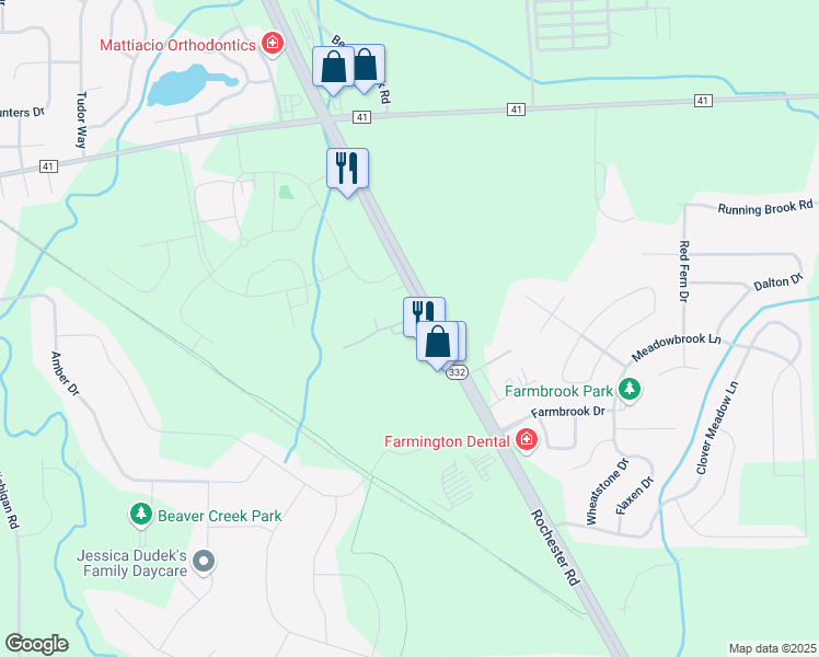 map of restaurants, bars, coffee shops, grocery stores, and more near 1520 New York 332 in Farmington