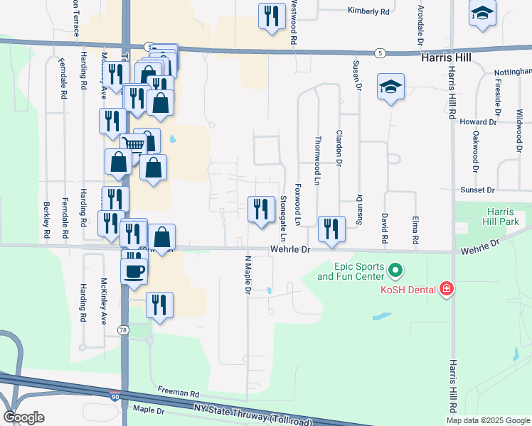 map of restaurants, bars, coffee shops, grocery stores, and more near 4178 Capstone Circle in Buffalo