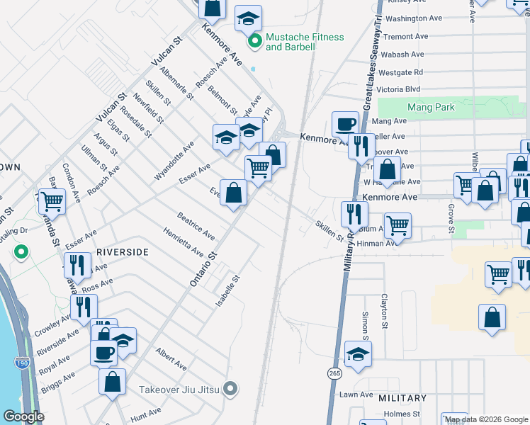map of restaurants, bars, coffee shops, grocery stores, and more near in Buffalo