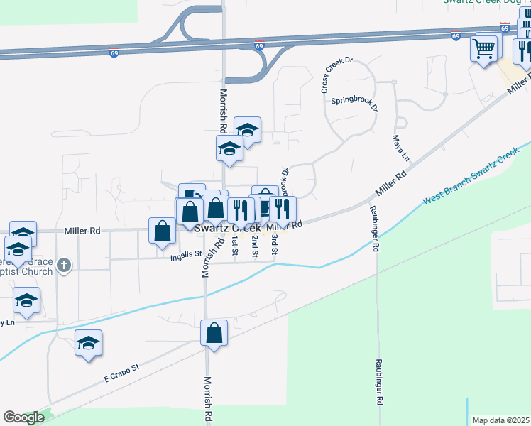 map of restaurants, bars, coffee shops, grocery stores, and more near 4478 Springbrook Drive in Swartz Creek