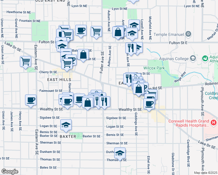 map of restaurants, bars, coffee shops, grocery stores, and more near 1237 Lake Drive Southeast in Grand Rapids