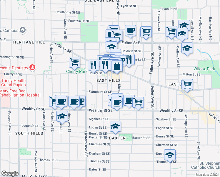 map of restaurants, bars, coffee shops, grocery stores, and more near 232 Warren Avenue Southeast in Grand Rapids