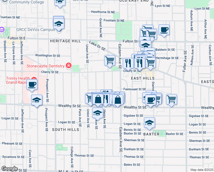 map of restaurants, bars, coffee shops, grocery stores, and more near 236 Henry Avenue Southeast in Grand Rapids