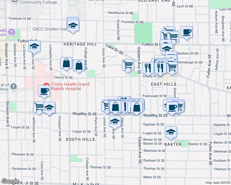 map of restaurants, bars, coffee shops, grocery stores, and more near 230 James Avenue Southeast in Grand Rapids