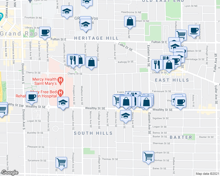 map of restaurants, bars, coffee shops, grocery stores, and more near 229 Union Avenue Southeast in Grand Rapids
