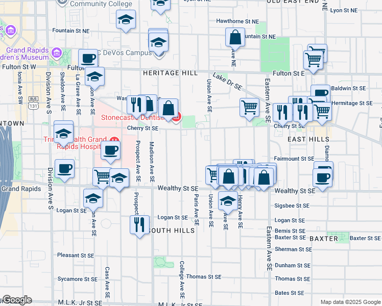 map of restaurants, bars, coffee shops, grocery stores, and more near 231 Paris Avenue Southeast in Grand Rapids