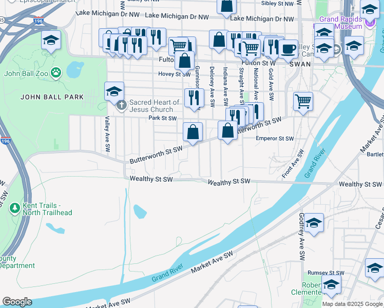 map of restaurants, bars, coffee shops, grocery stores, and more near in Grand Rapids