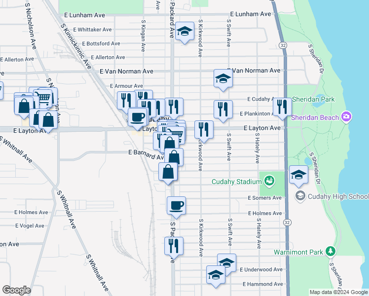 map of restaurants, bars, coffee shops, grocery stores, and more near 3618 East Squire Avenue in Cudahy