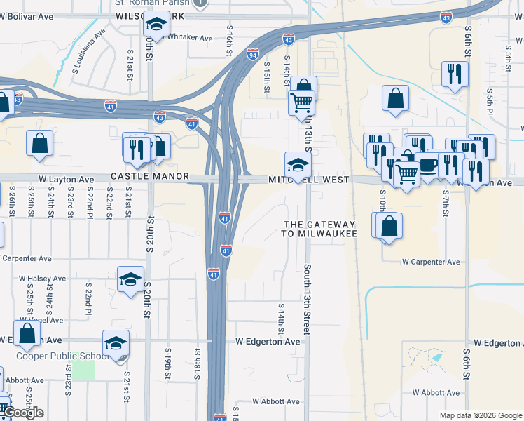 map of restaurants, bars, coffee shops, grocery stores, and more near 1420 West Foster Avenue in Milwaukee