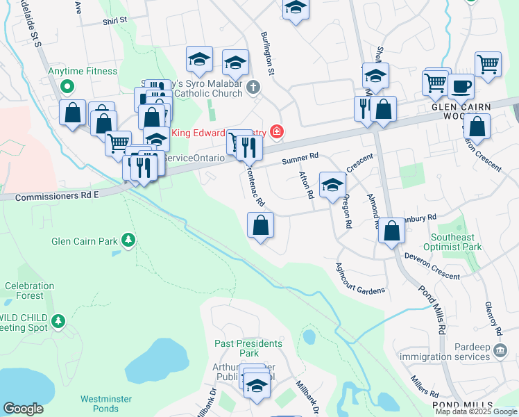 map of restaurants, bars, coffee shops, grocery stores, and more near 29 Frontenac Road in London