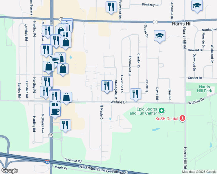 map of restaurants, bars, coffee shops, grocery stores, and more near 4241 Capstone Circle in Williamsville