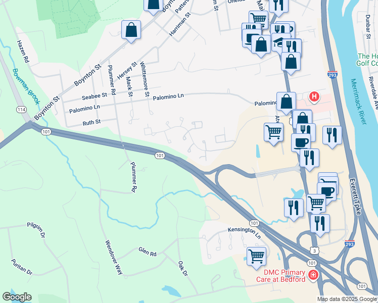 map of restaurants, bars, coffee shops, grocery stores, and more near 14 Belmont Court in Bedford