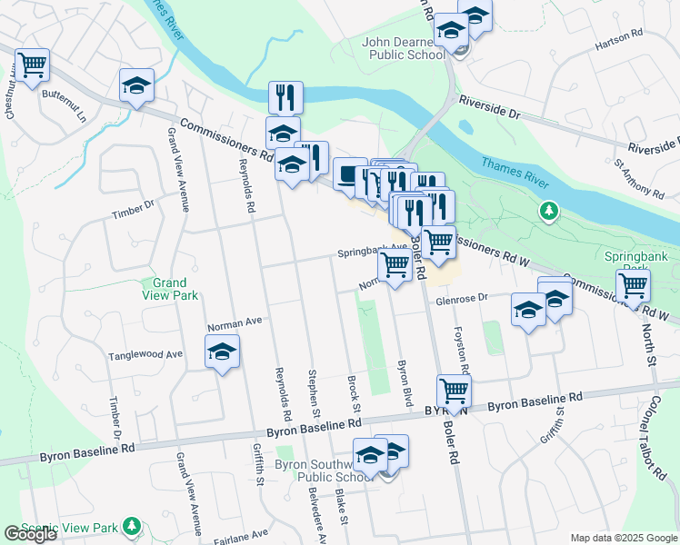 map of restaurants, bars, coffee shops, grocery stores, and more near 320 Brock Street in London