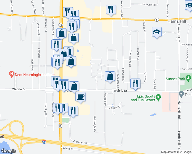 map of restaurants, bars, coffee shops, grocery stores, and more near 4050 Coventry Green Circle in Buffalo