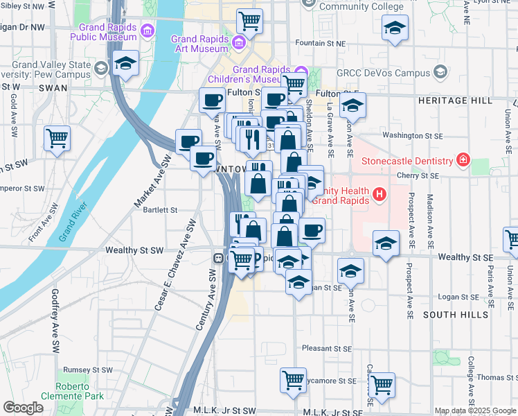 map of restaurants, bars, coffee shops, grocery stores, and more near 270 Ionia Avenue Southwest in Grand Rapids