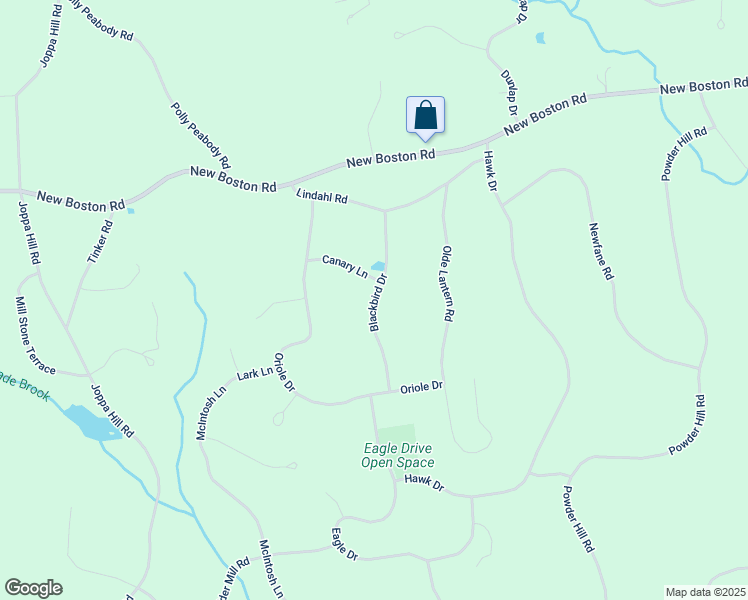 map of restaurants, bars, coffee shops, grocery stores, and more near 21 Blackbird Drive in Bedford