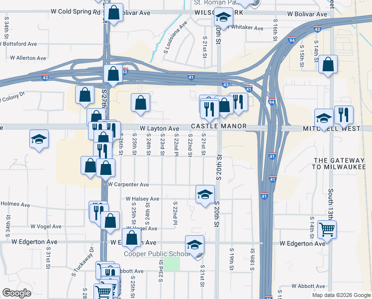 map of restaurants, bars, coffee shops, grocery stores, and more near 4733 South 22nd Street in Milwaukee