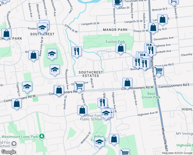 map of restaurants, bars, coffee shops, grocery stores, and more near 135 Base Line Road West in London