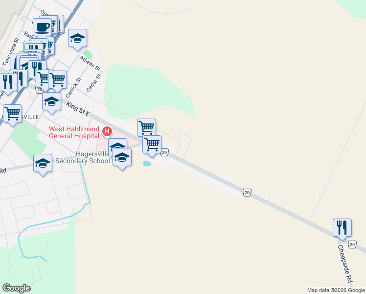 map of restaurants, bars, coffee shops, grocery stores, and more near 139 King Street East in Hagersville