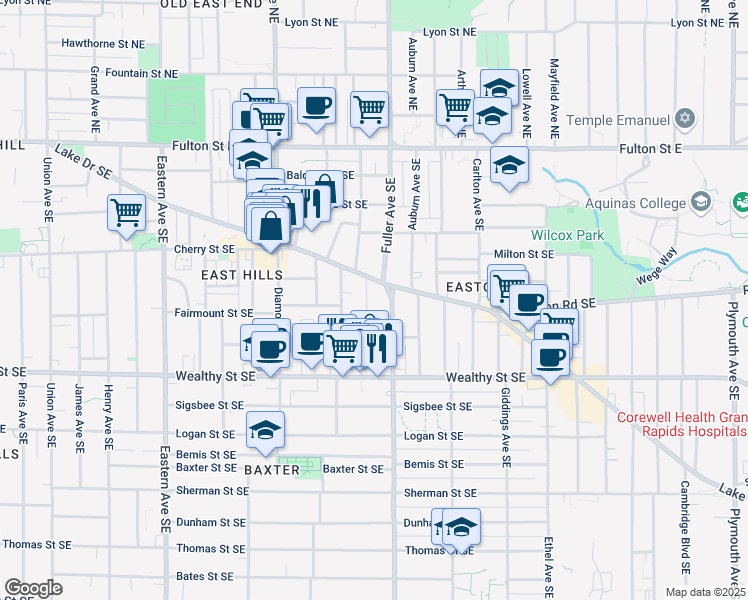 map of restaurants, bars, coffee shops, grocery stores, and more near 1100 Lake Drive Southeast in Grand Rapids