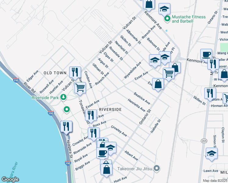 map of restaurants, bars, coffee shops, grocery stores, and more near 207 Esser Ave in Buffalo
