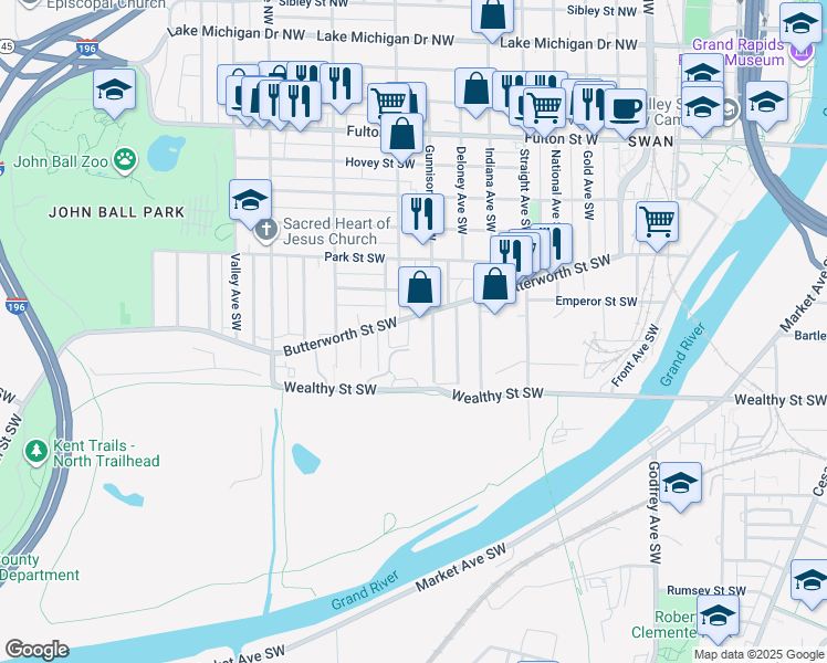 map of restaurants, bars, coffee shops, grocery stores, and more near 310 Lane Avenue Southwest in Grand Rapids