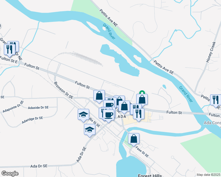 map of restaurants, bars, coffee shops, grocery stores, and more near 7575 Fulton Street in Ada