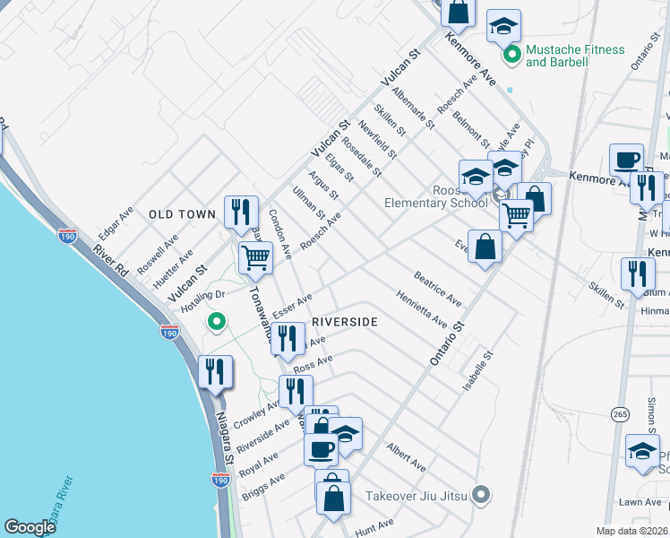 map of restaurants, bars, coffee shops, grocery stores, and more near 42 Eckhert Street in Buffalo