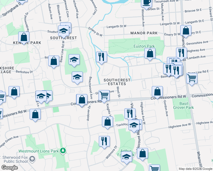 map of restaurants, bars, coffee shops, grocery stores, and more near 174 Base Line Road West in London