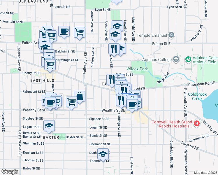 map of restaurants, bars, coffee shops, grocery stores, and more near in Grand Rapids