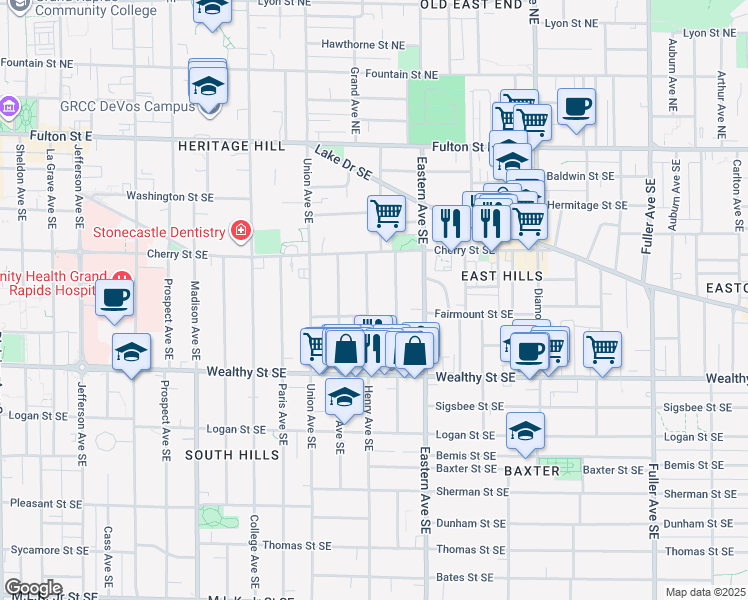 map of restaurants, bars, coffee shops, grocery stores, and more near 236 Henry Avenue Southeast in Grand Rapids