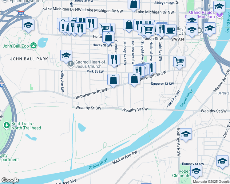 map of restaurants, bars, coffee shops, grocery stores, and more near in Grand Rapids