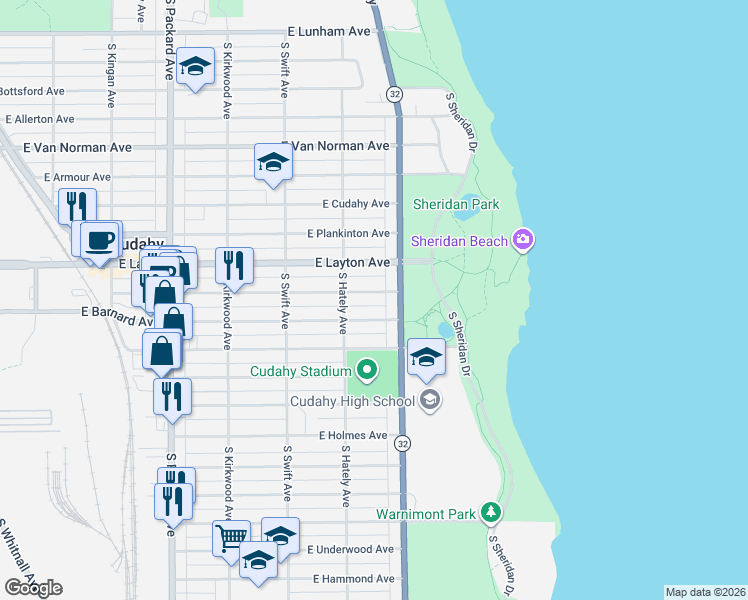 map of restaurants, bars, coffee shops, grocery stores, and more near 3918 East Squire Avenue in Cudahy