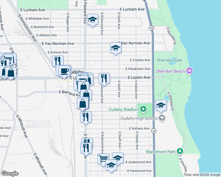 map of restaurants, bars, coffee shops, grocery stores, and more near 3734 East Squire Avenue in Cudahy