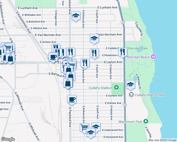 map of restaurants, bars, coffee shops, grocery stores, and more near 3734 East Squire Avenue in Cudahy