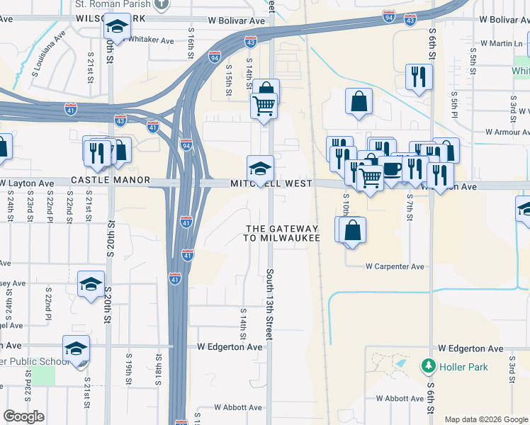 map of restaurants, bars, coffee shops, grocery stores, and more near 4725 South 13th Street in Milwaukee