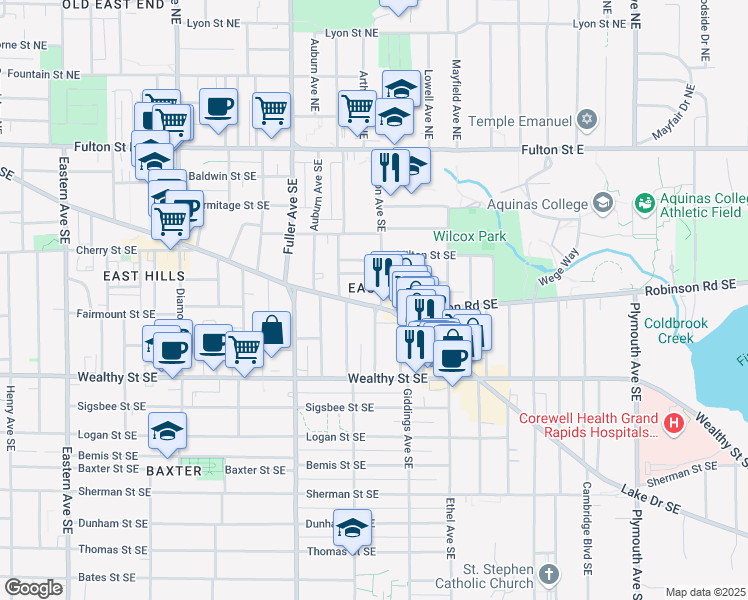 map of restaurants, bars, coffee shops, grocery stores, and more near 1331 Lake Drive Southeast in Grand Rapids