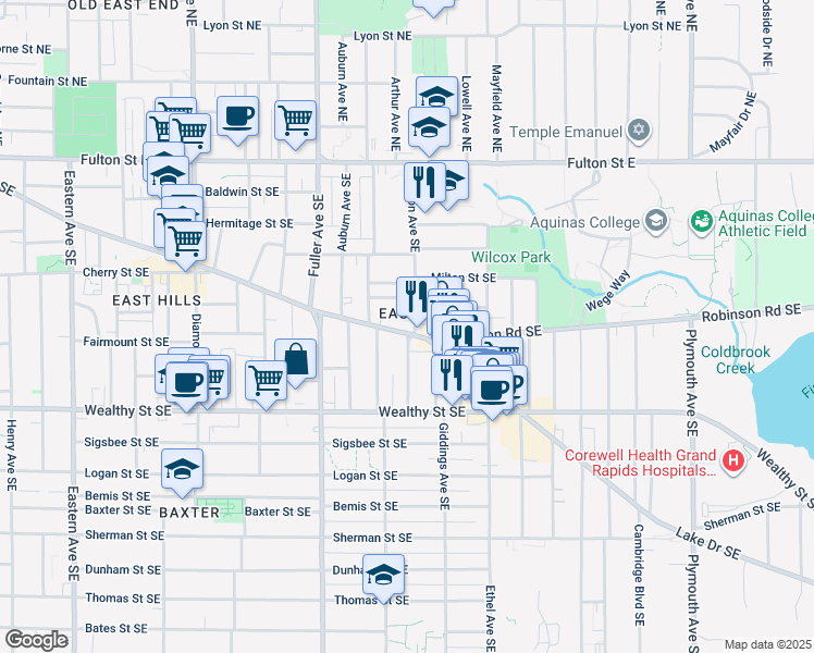 map of restaurants, bars, coffee shops, grocery stores, and more near 1331 Lake Drive Southeast in Grand Rapids