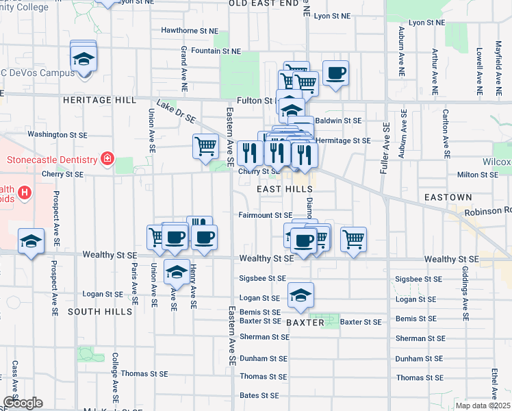 map of restaurants, bars, coffee shops, grocery stores, and more near 253 Hollister Avenue Southeast in Grand Rapids