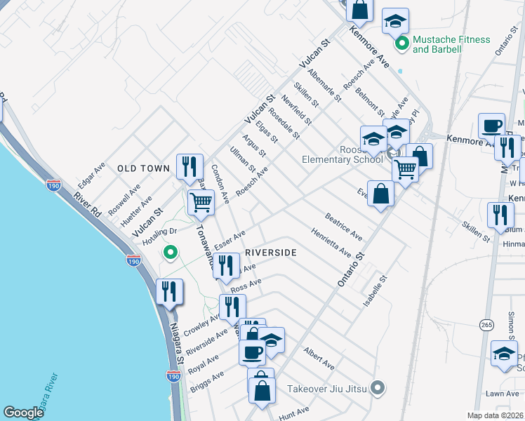 map of restaurants, bars, coffee shops, grocery stores, and more near 42 Eckhert Street in Buffalo