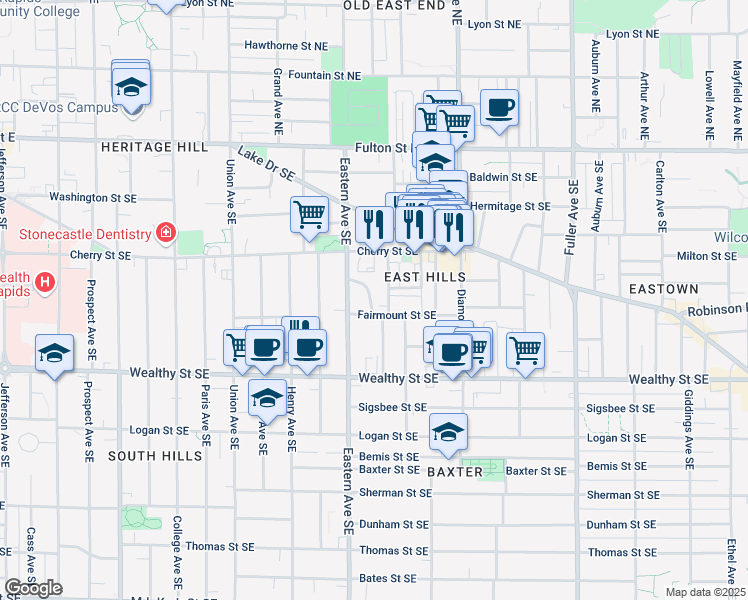 map of restaurants, bars, coffee shops, grocery stores, and more near 220 Wellington Avenue Southeast in Grand Rapids