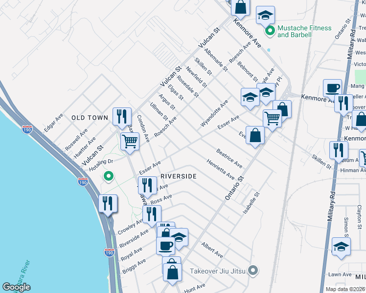 map of restaurants, bars, coffee shops, grocery stores, and more near 18 Ullman Street in Buffalo