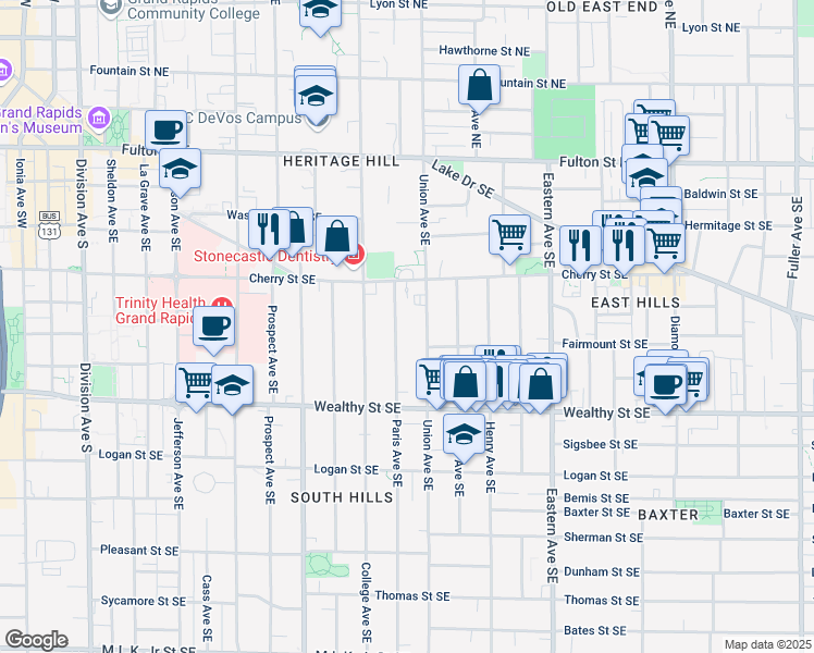map of restaurants, bars, coffee shops, grocery stores, and more near 229 Union Avenue Southeast in Grand Rapids