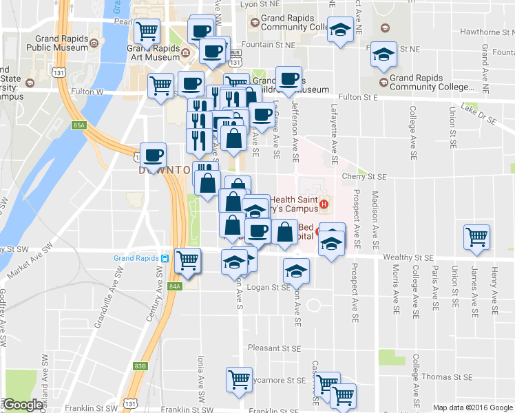 map of restaurants, bars, coffee shops, grocery stores, and more near 302 Sheldon Boulevard Southeast in Grand Rapids