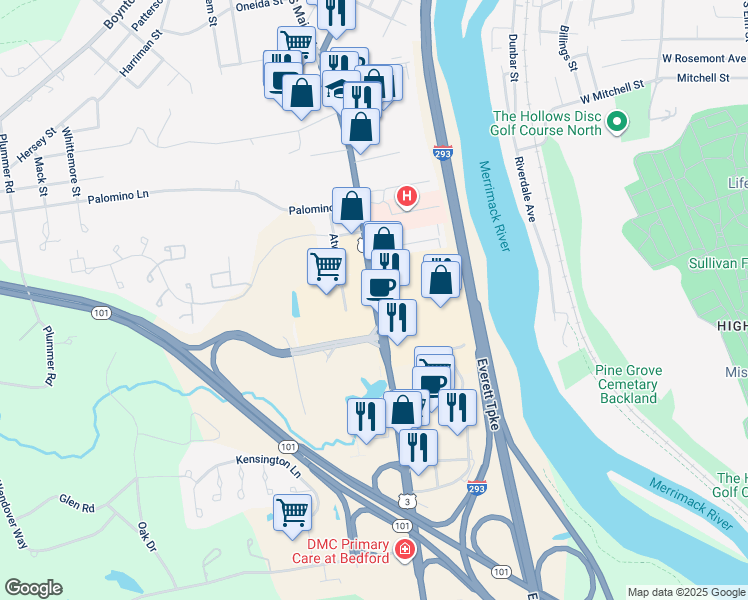 map of restaurants, bars, coffee shops, grocery stores, and more near 81 South River Road in Bedford