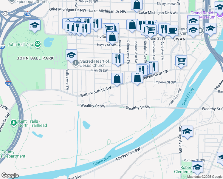 map of restaurants, bars, coffee shops, grocery stores, and more near 1000 Butterworth Street Southwest in Grand Rapids